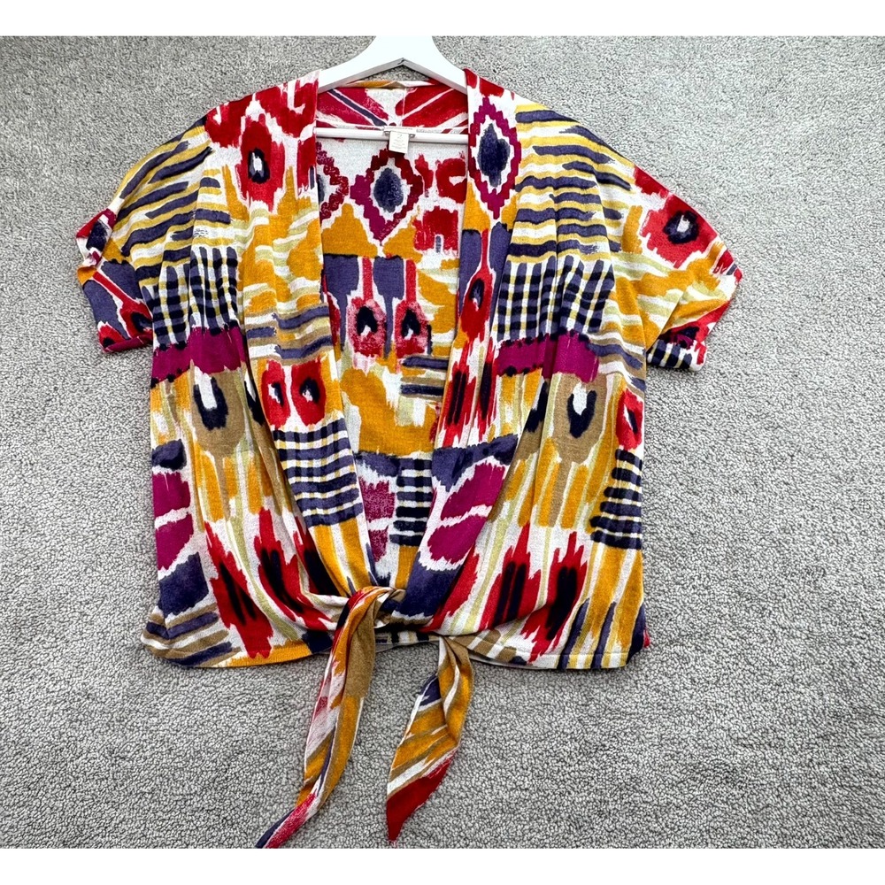 Chico's Cardigan Sweater Women 2 Multicolor Art to Wear Knit Knot Front Geometic